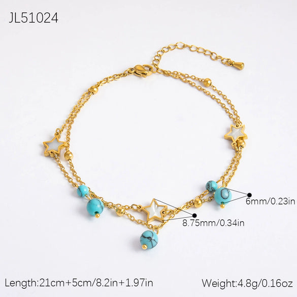 Stainless Steel 18K Gold Plated Life Tree Turquoise Zircon Pearl Anklet For Women