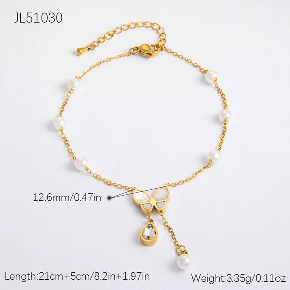 Stainless Steel 18K Gold Plated Life Tree Turquoise Zircon Pearl Anklet For Women