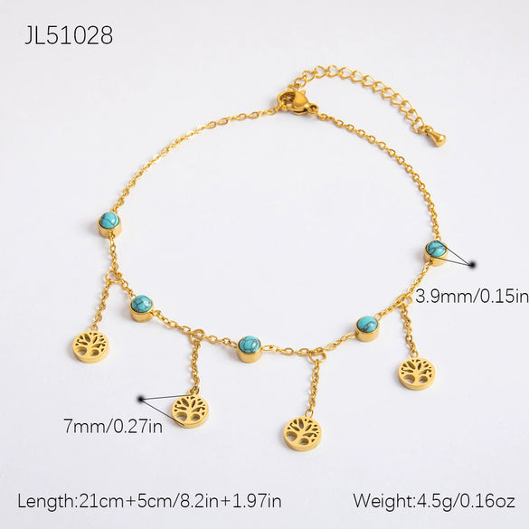 Stainless Steel 18K Gold Plated Life Tree Turquoise Zircon Pearl Anklet For Women