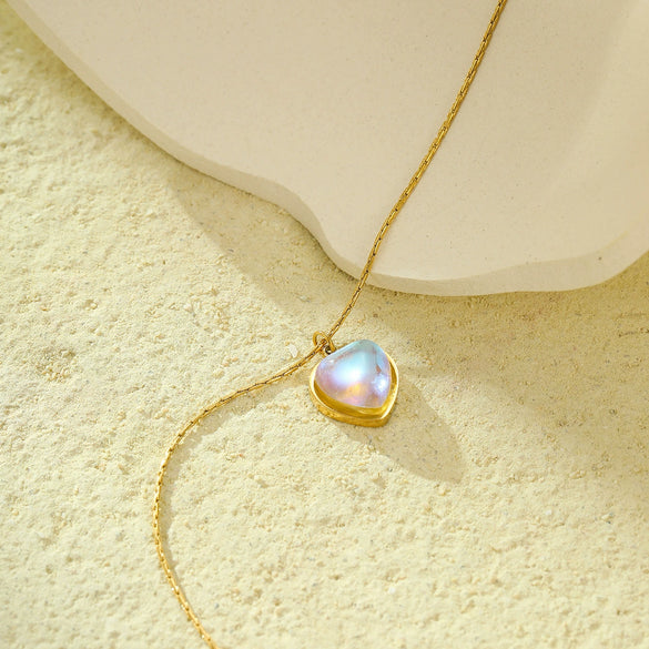Stainless Steel 18K Gold Plated Moonstone Necklace For Women Simple Versatile Love Style