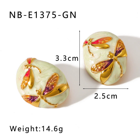 Stainless Steel 18K Gold Plated Oval Asymmetric Earrings With Dripping Dragonfly Pattern For Women Furnace Vacuum Plating Electroplating