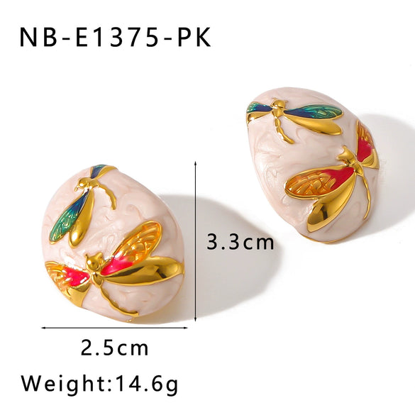 Stainless Steel 18K Gold Plated Oval Asymmetric Earrings With Dripping Dragonfly Pattern For Women Furnace Vacuum Plating Electroplating