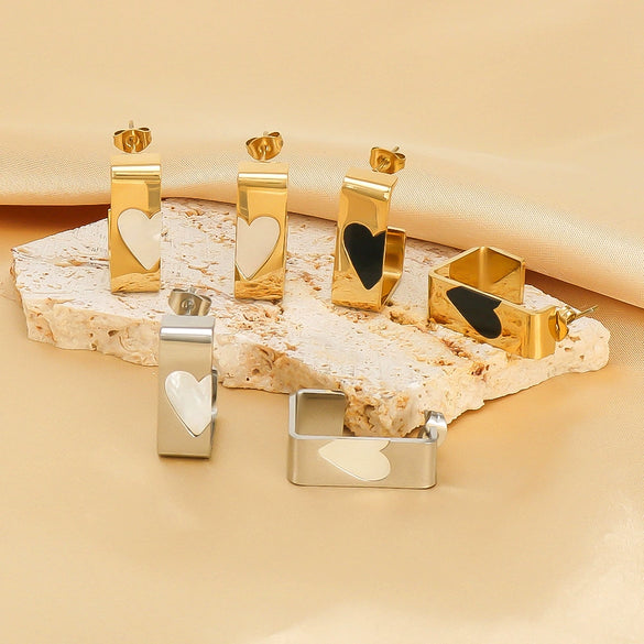 Stainless Steel 18K Gold Plated Rectangular Earrings With Heart Shaped Fritillary Inlay Electroplated