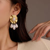 Stainless Steel 18K Gold Plated Round Pleated Pearl Tassel Pendant Earrings Vintage Style Electroplated