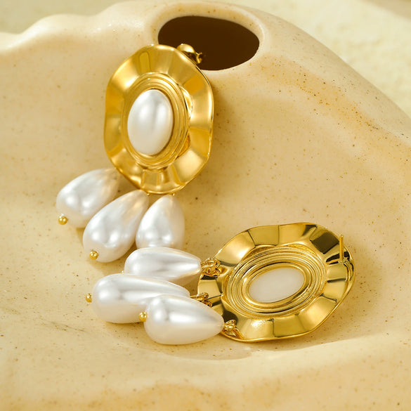Stainless Steel 18K Gold Plated Round Pleated Pearl Tassel Pendant Earrings Vintage Style Electroplated