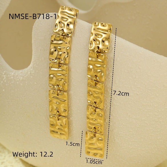 Stainless Steel 18K Gold Plated Square Hammer Pattern Long Tassel Retro Exaggerated Women's Earrings