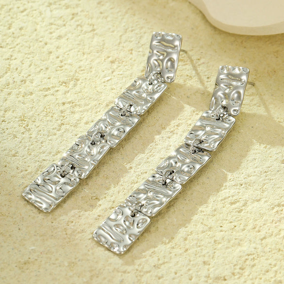 Stainless Steel 18K Gold Plated Square Hammer Pattern Long Tassel Retro Exaggerated Women's Earrings