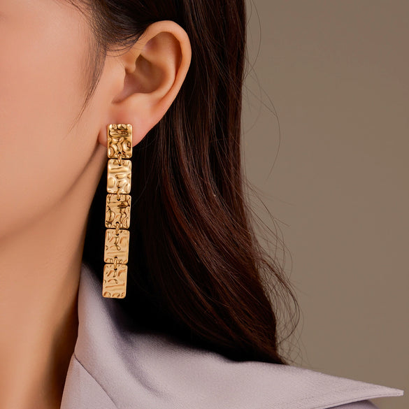 Stainless Steel 18K Gold Plated Square Hammer Pattern Long Tassel Retro Exaggerated Women's Earrings