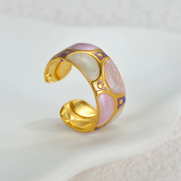 Stainless Steel 18K Goldplated Enamel Geometric Oil Dripping Ring