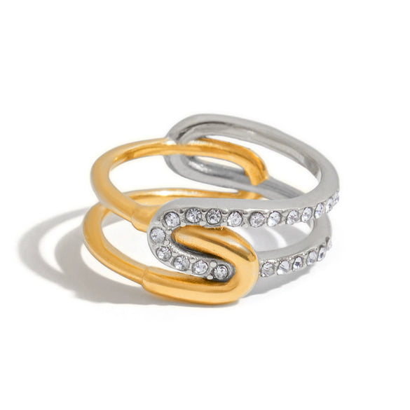 Stainless Steel 18K Goldplated Stacking Ring With Diamonds And Ushaped Design For Women