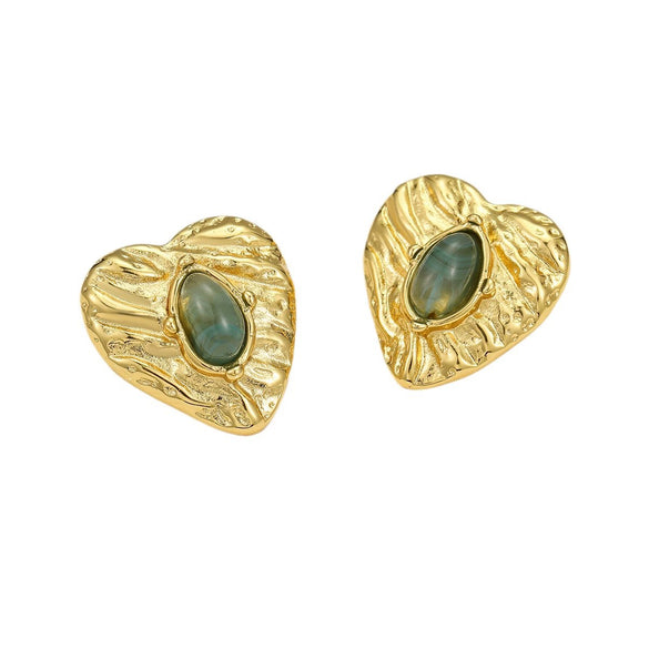 Stainless Steel 18K Vintage Electroplated Peach Heart Inlaid Natural Stone Women's Earrings