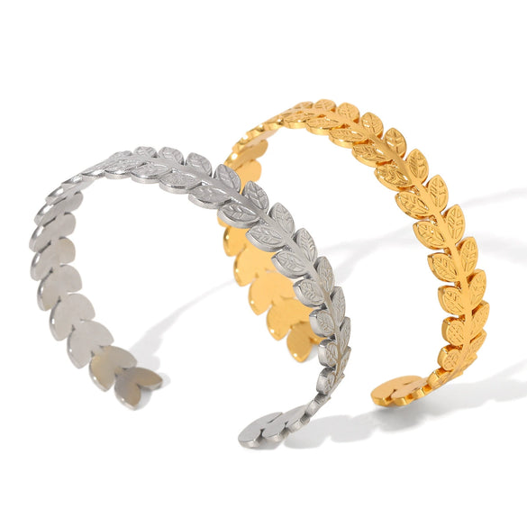 Stainless Steel Leaf Adjustable Open Bracelet For Women Light Luxury Style Electroplated