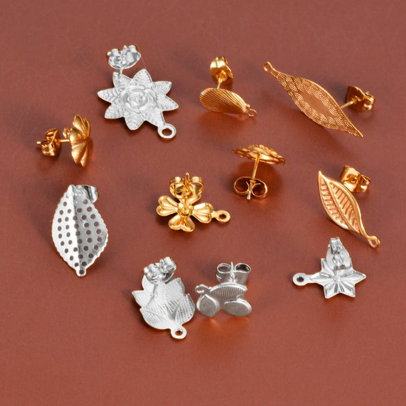 Stainless Steel Leaf Flower Stud Earrings Handmade With Electroplating And Multishape Design