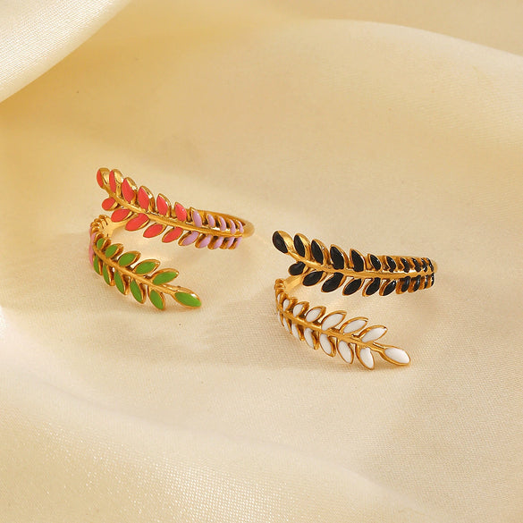 Stainless Steel Leaf Ladies Ring With Electroplating And Plants And Flowers Design