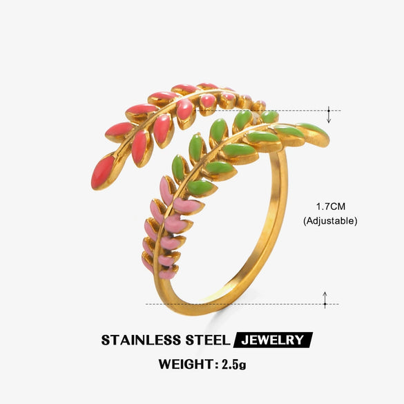 Stainless Steel Leaf Ladies Ring With Electroplating And Plants And Flowers Design