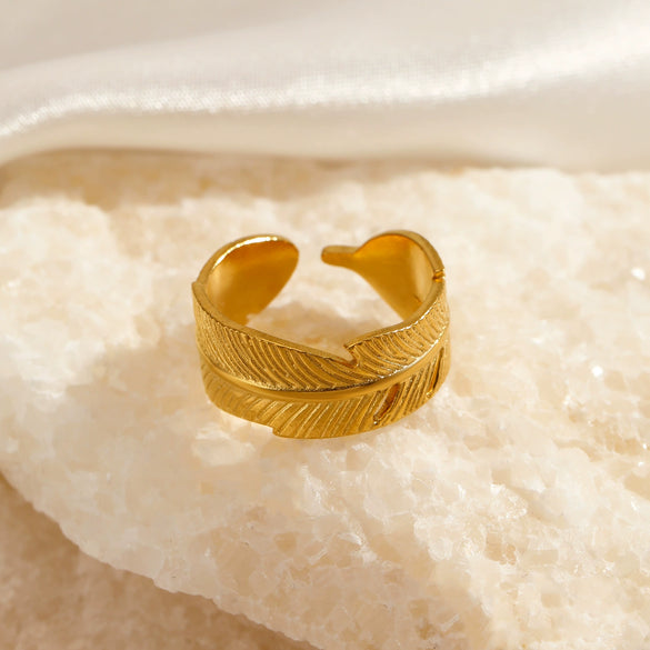 Stainless Steel Leaf Ring Electroplated Hip Hop Retro Style