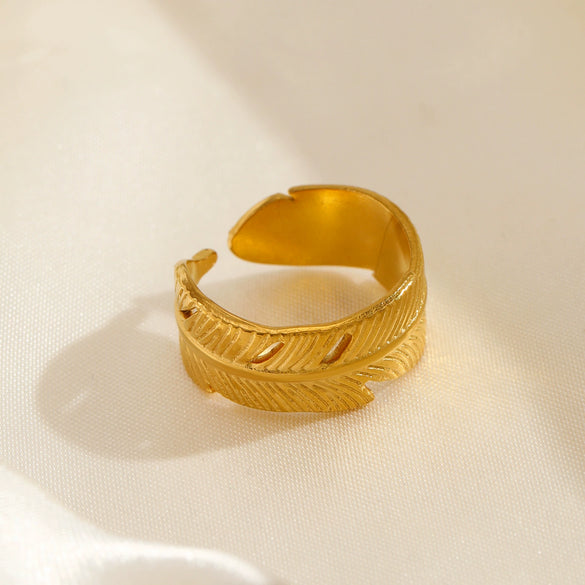 Stainless Steel Leaf Ring Electroplated Hip Hop Retro Style