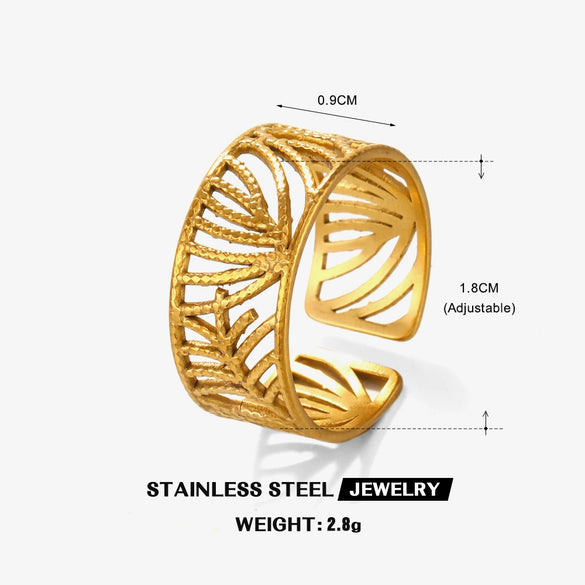 Stainless Steel Leaf Ring For Women Simple Style Real Gold Electroplated