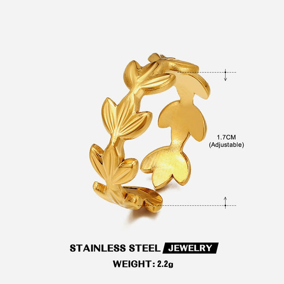 Stainless Steel Leaf Ring For Women Simple Style Real Gold Electroplated