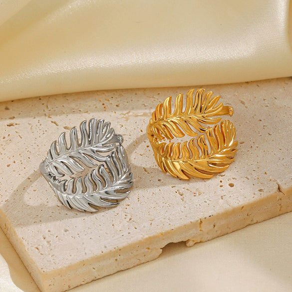 Stainless Steel Leaf Ring For Women Simple Style Real Gold Electroplated