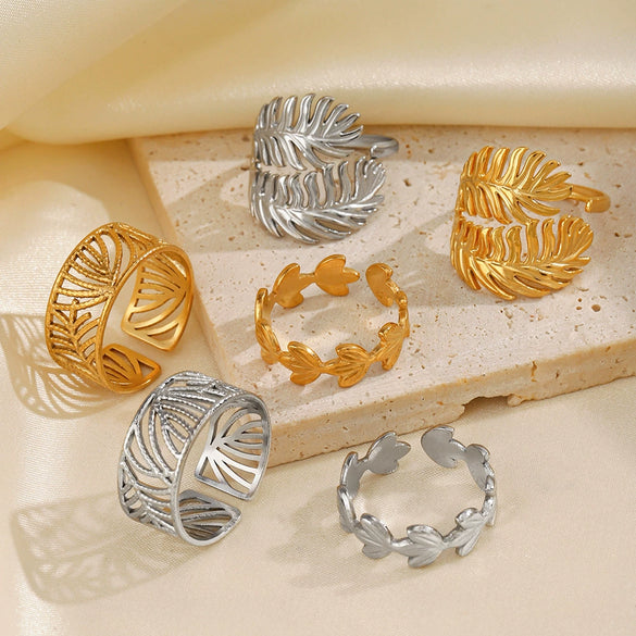 Stainless Steel Leaf Ring For Women Simple Style Real Gold Electroplated
