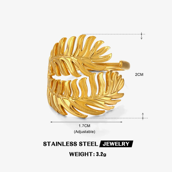 Stainless Steel Leaf Ring For Women Simple Style Real Gold Electroplated