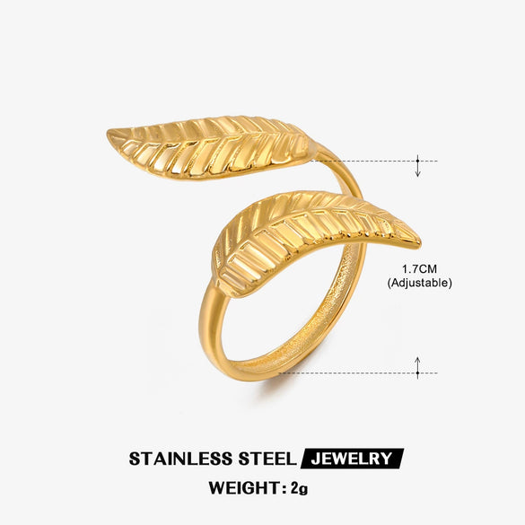 Stainless Steel Leaf Ring 18K Goldplated Electroplating For Women