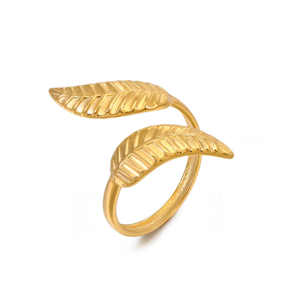 Stainless Steel Leaf Ring 18K Goldplated Electroplating For Women