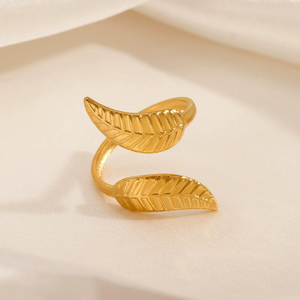 Stainless Steel Leaf Ring 18K Goldplated Electroplating For Women