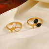 Stainless Steel Leaves Black And White Oil Drop Hip Hop Opening Adjustable Electroplated Ring For Women