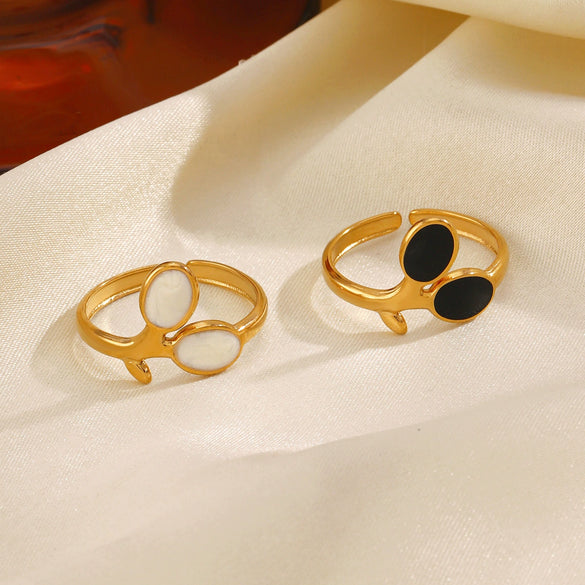 Stainless Steel Leaves Black And White Oil Drop Hip Hop Opening Adjustable Electroplated Ring For Women