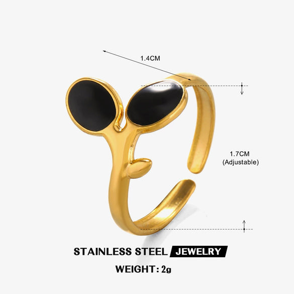 Stainless Steel Leaves Black And White Oil Drop Hip Hop Opening Adjustable Electroplated Ring For Women