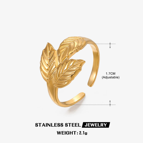 Stainless Steel Leaves Ring Electroplated Women's Fashion Adjustable Nonfading