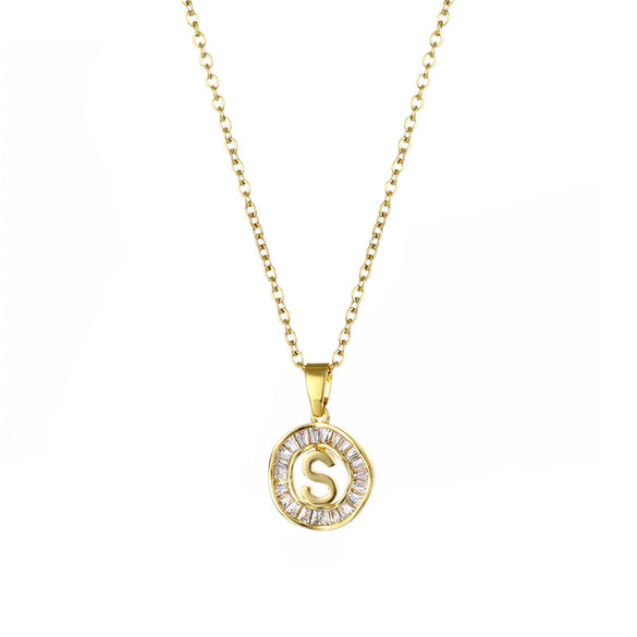 Stainless Steel Letter Pendant Necklace With Mixed Gemstone Inlay And Electroplating