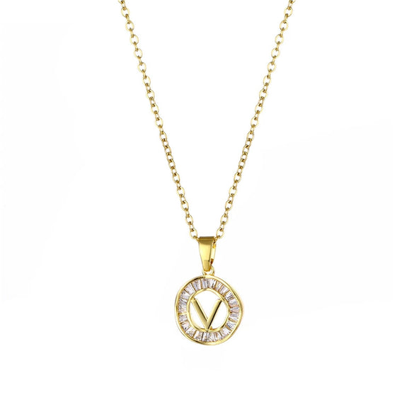 Stainless Steel Letter Pendant Necklace With Mixed Gemstone Inlay And Electroplating