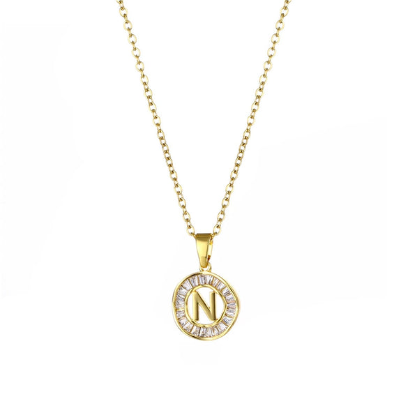 Stainless Steel Letter Pendant Necklace With Mixed Gemstone Inlay And Electroplating