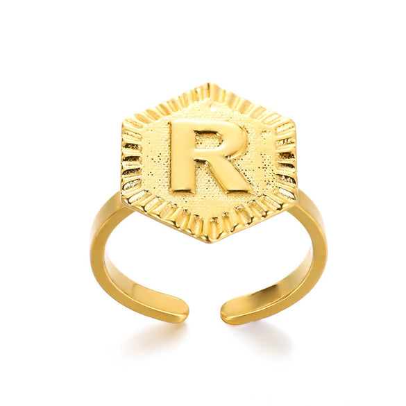 Stainless Steel Letter Pendant Open Ring With Hexagonal Design Gold Plated Minimalist Unisex Fashion Jewelry