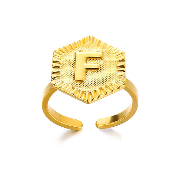 Stainless Steel Letter Pendant Open Ring With Hexagonal Design Gold Plated Minimalist Unisex Fashion Jewelry
