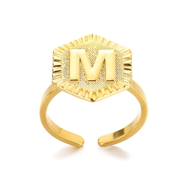 Stainless Steel Letter Pendant Open Ring With Hexagonal Design Gold Plated Minimalist Unisex Fashion Jewelry