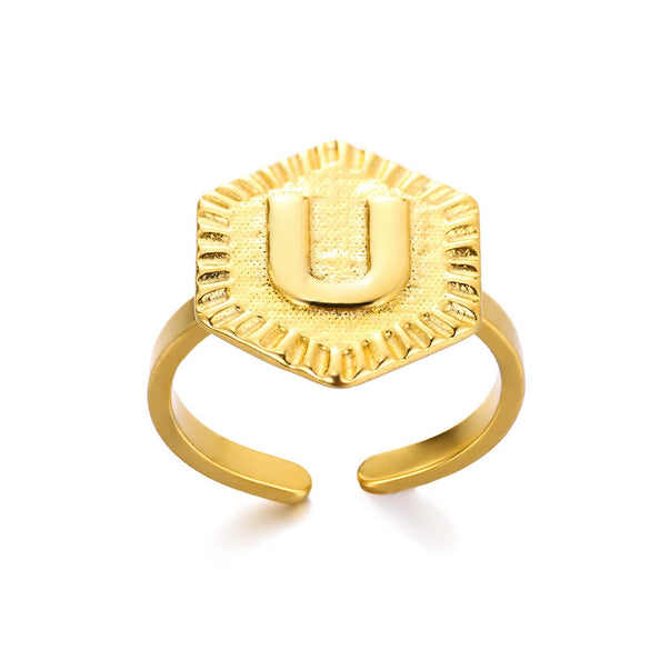 Stainless Steel Letter Pendant Open Ring With Hexagonal Design Gold Plated Minimalist Unisex Fashion Jewelry