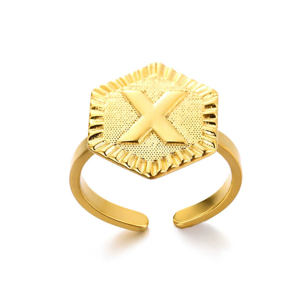 Stainless Steel Letter Pendant Open Ring With Hexagonal Design Gold Plated Minimalist Unisex Fashion Jewelry