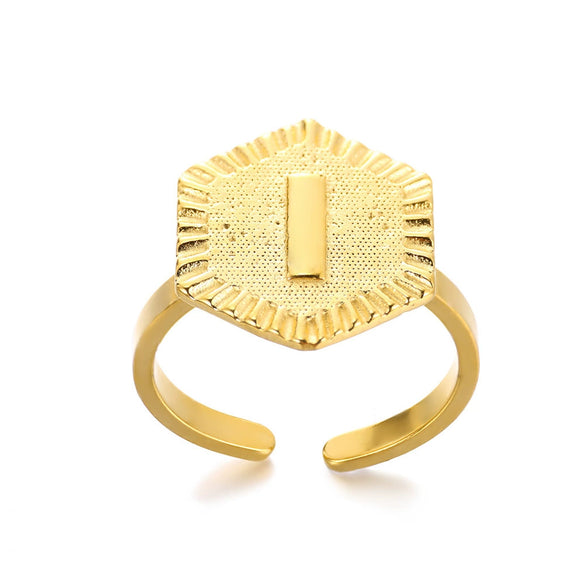 Stainless Steel Letter Pendant Open Ring With Hexagonal Design Gold Plated Minimalist Unisex Fashion Jewelry