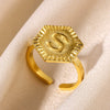 Stainless Steel Letter Pendant Open Ring With Hexagonal Design Gold Plated Minimalist Unisex Fashion Jewelry