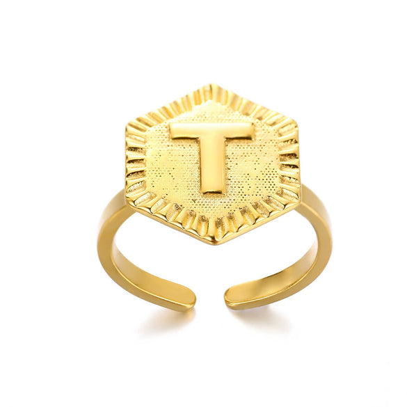 Stainless Steel Letter Pendant Open Ring With Hexagonal Design Gold Plated Minimalist Unisex Fashion Jewelry
