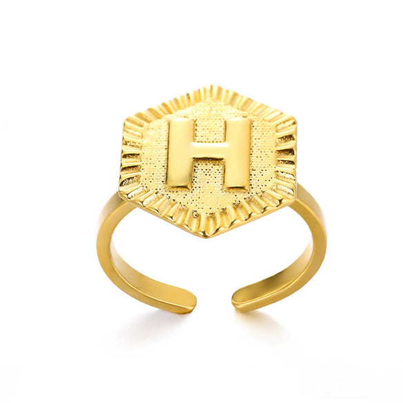 Stainless Steel Letter Pendant Open Ring With Hexagonal Design Gold Plated Minimalist Unisex Fashion Jewelry