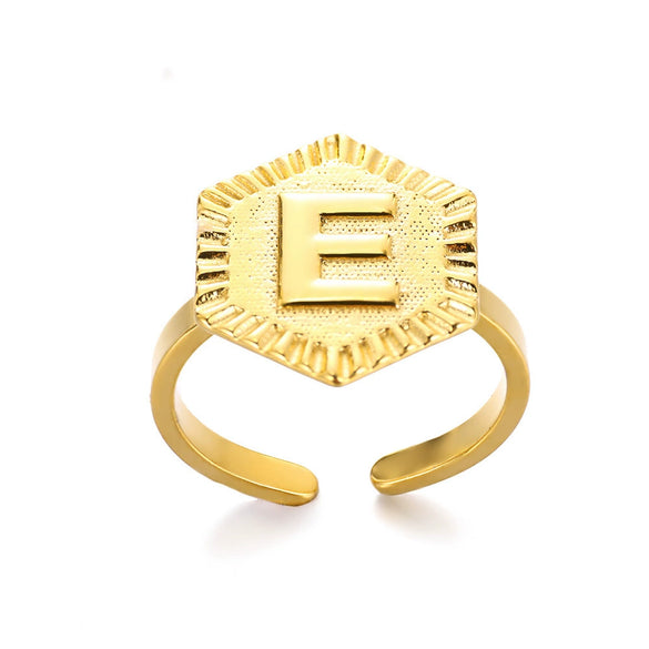 Stainless Steel Letter Pendant Open Ring With Hexagonal Design Gold Plated Minimalist Unisex Fashion Jewelry
