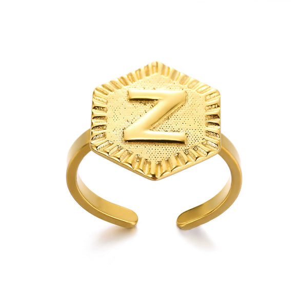 Stainless Steel Letter Pendant Open Ring With Hexagonal Design Gold Plated Minimalist Unisex Fashion Jewelry