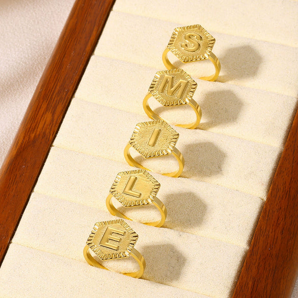 Stainless Steel Letter Pendant Open Ring With Hexagonal Design Gold Plated Minimalist Unisex Fashion Jewelry