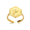 Stainless Steel Letter Pendant Open Ring With Hexagonal Design Gold Plated Minimalist Unisex Fashion Jewelry
