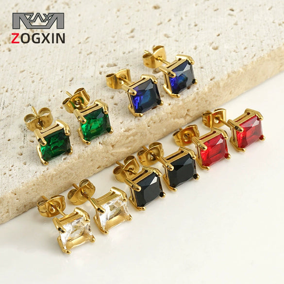 316L Stainless Steel Light Luxury Geometric Inlaid Zircon Women's Ear Studs